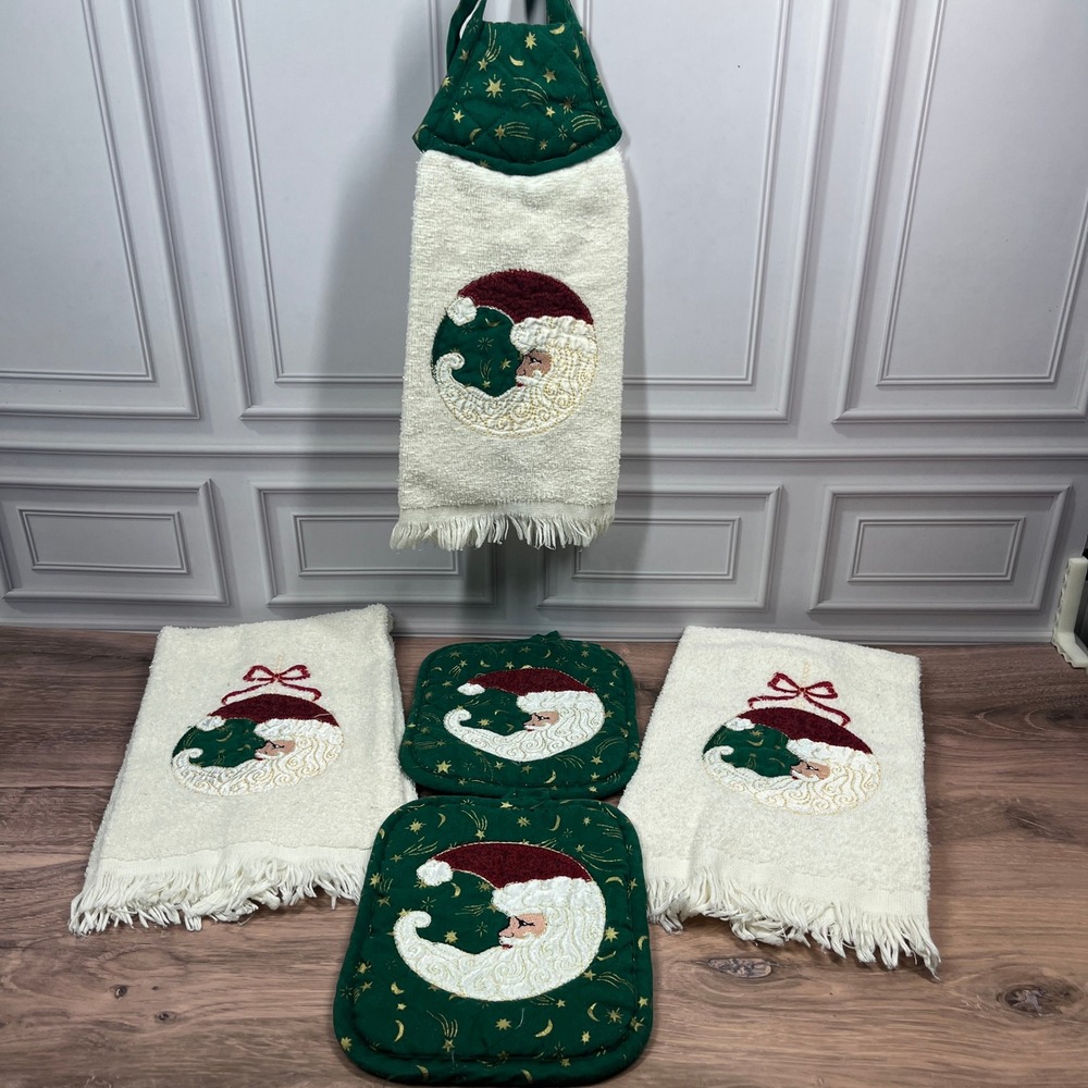 Vintage Christmas Kitchen Set Green Santa Moon Towels Pot Holders 5pc